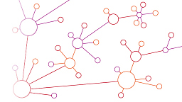 Grafische Analogie zum Thema Social Media: Feine Linien in den Hochschulfarben Rot, Orange & Violett symbolisieren Vernetzung.. (Bild: TH Köln)