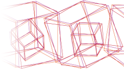 Grafische Analogie zum Thema Inklusion: Feine Linien in den Hochschulfarben: Rot, Orange und Violett bilden zwei ineinander verschachtelte und unterschiedlich gewinkelte Würfelformen. (Bild: TH Köln)