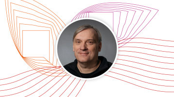 Portraitfoto von Prof. Dr. Udo Nehren vor dem Keyvisual der Lunchtalks (Bild: TH Köln)