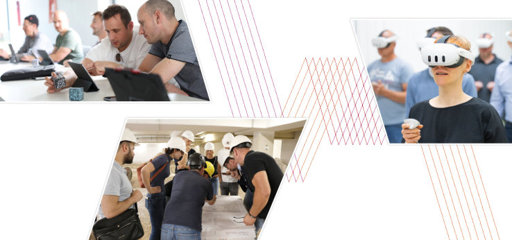 Teilnehmende einer beruflichen Weiterbildung arbeiten gemeinsam am Tablet, besprechen Baupläne auf einer Baustelle und absolvieren ein Virtual-Reality-Training. (Bild: Akademie für wissenschaftliche Weiterbildung, TH Köln)