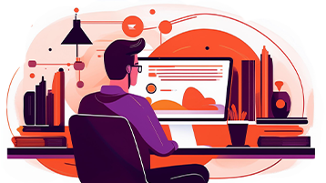 Illustration einer vor dem Computer sitzenden Person (Bild: TH Köln, KI-generiert mit Adobe Firefly)