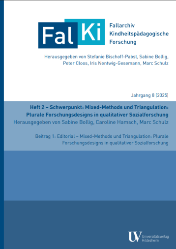 Das Bild zeigt ein Buchcover mit den Namen der Herausgeber:innen der Online Zeitschrift Fallarchiv Kindheitspädagogische Forschung (FalKi): Stefanie Bischoff-Pabst, Sabine Bollig, Peter Cloos, Iris Nentwig-Gesemann und Marc Schulz. Unter dieser Überschrift ist die Notation "Jahrgang 8 (2025) zu sehen. Darunter ist der Schwerpunkt dieses Bandes benannt: Heft 2 - Schwerpunkt: Mixed-Methods und Triangulation:Plurale Forschungsdesigns in qualitativer Sozialforschung, der von Sabinne Bollig, Caroline Hamsch und Marc Schulz herausgegeben wurde. Unten rechts auf dem Cover ist der Verlag "Universitätsverlag Hildesheim" benannt.